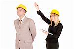 businesswoman and architect looking up on white background