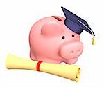 Piggy bank with cap and the diploma. Objects over white