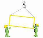 Builders - puppets, lowering a frame on a hook. Objects over white