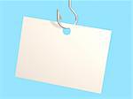 Empty sheet of a paper, hanging on a fishing hook. Objects over blue