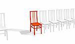 Red chair rejecting a shadow, in a row of white chairs. Objects over white