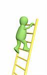 3d person - puppet, rising upwards on a ladder. Objects over white