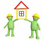 Two builders - puppets, holding in hands the stylized house. Objects over white