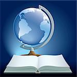 Book and globe on blue background.