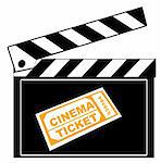 movie or film clapboard with cinema ticket