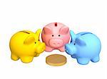 Three  pigs of a coin box, worth around of one coin. Objects over white