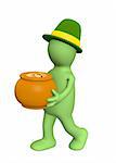 3d puppet - leprechaun, carrying pot with gold coins. Objects over white