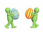 Two 3d persons - puppets, carrying easter eggs. Objects over white