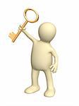 3d person a puppet holding in a hand a gold key. Objects over white