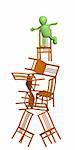 3d puppet, balancing at top of a pyramid from chairs. Objects over white