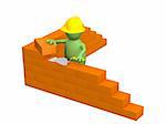 3d puppet - builder, building a orange brick wall