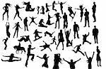 Large set of vector silhouettes.  Icludes, fashion girls, businessmen & women, jumping men & women, sports, skaters, snowboraders, energetic people, teenagers + more