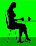 Illustration of silhouette of lady sitting in a cafeteria