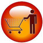 red button of a man pushing a shopping cart