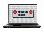 Access is denied notice on a notebook screen,binary code is abstract, there is no copyright infringement,image on the screen has a clearly visible net simulating display pixels