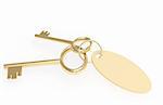 Two 3d gold keys with label. Objects over white