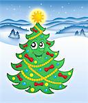 Cute Christmas tree in snowy landscape - color illustration.