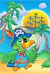 Pirate parrot with boat - color illustration.