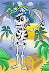 Pirate skeleton with sabre and treasure - color illustration.