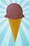 Ice cream cone illustration, chocolate scoop on radial burst background