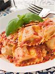 Plate of Veal and Sage Ravioli with Tomato and Basil Sauce