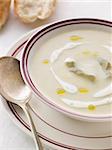 Bowl of Vichyssoise with oil and Rustic Bread