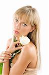 nice portrait of a beautiful young woman with long blond hair an a white rose