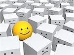 Bright yellow sphere with smile in row of grey boxes