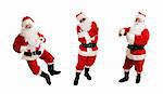 Three views of a cheerful, dancing santa - including one jumping in the air and one doing hip hop.  Full body on white background.