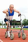 This active senior won't stop sporting, even now that he is using a walker! Caricature of health, sports, disability, ability, getting older, feeling young.