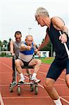 Disabled person and his helper reaching for an other athlete to pass him the baton. Caricature picture to illustrate helping, giving, disabilty, ability, getting older, not wanna quit.
