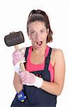 woman with black rubber mallet on white background