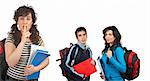 Three students with books and backpacks over a white background. Focus at front