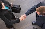 Two businesspeople standing indoors shaking hands