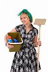 cute woman holding mop & bucket and cleaning sprays, isolated on white, space for text