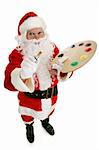 Santa Claus with artists paint palette and brush.  Full body isolated on white.