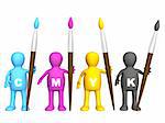 Team of four puppets with brushes - palette CMYK