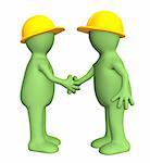 Hand shake of two puppets - builders