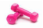 two pink dumbbells on the white background
