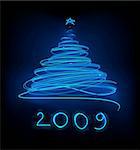 Abstract Blue Neon Christmas tree on the black background.  Vector illustration.