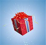 Vector illustration of red square present box with a bow and ribbons on starry blue background