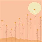 Vector illustration of   the sun is going down over the summer flowers on orange background