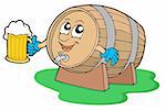 Smiling wooden keg holding beer - vector illustration.