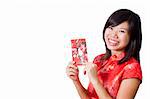 Happy oriental girl with cheongsam wishing you a happy Chinese New Year.