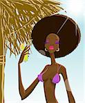 The black girl with a cocktail on a beach