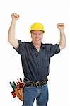 Construction worker throwing his arms up in joy.  Isolated on white.
