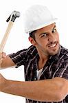 architect showing his hammer with facial expressions isolated on white background