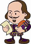 Illustration of William Shakespeare with paper and feather pen