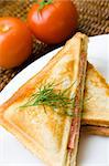 Freshly toasted cheese and ham sandwich with tomatoes