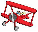 Flying red biplane - vector illustration.